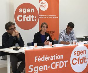 Alexis Torchet, Catherine Nave-Bekhti et Pierre-Marie Rochard. Conférence de presse de rentrée du Sgen-CFDT, 10 septembre 2019.