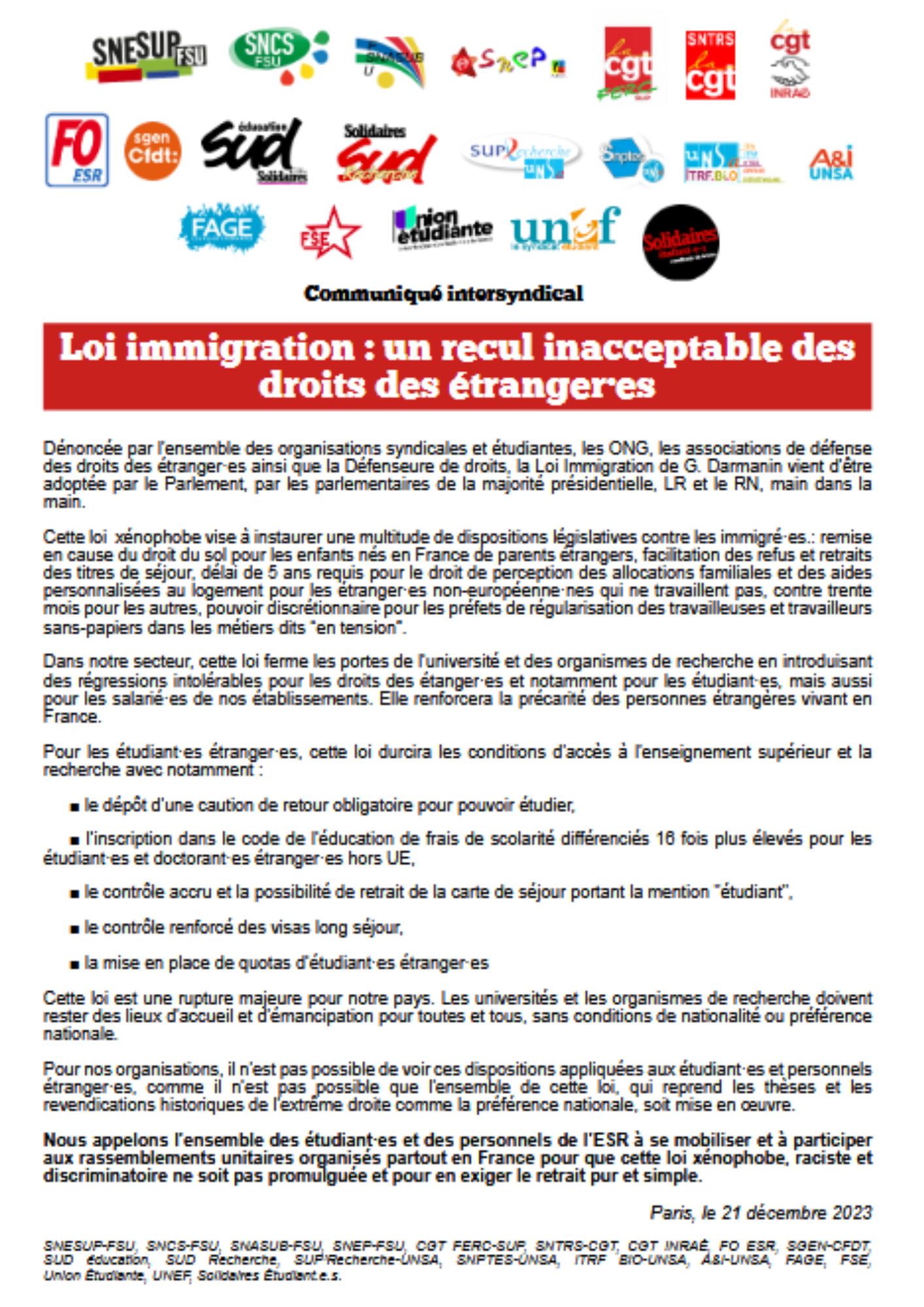 Loi Immigration : Un Recul Inacceptable Des Droits Des étudiants Et ...