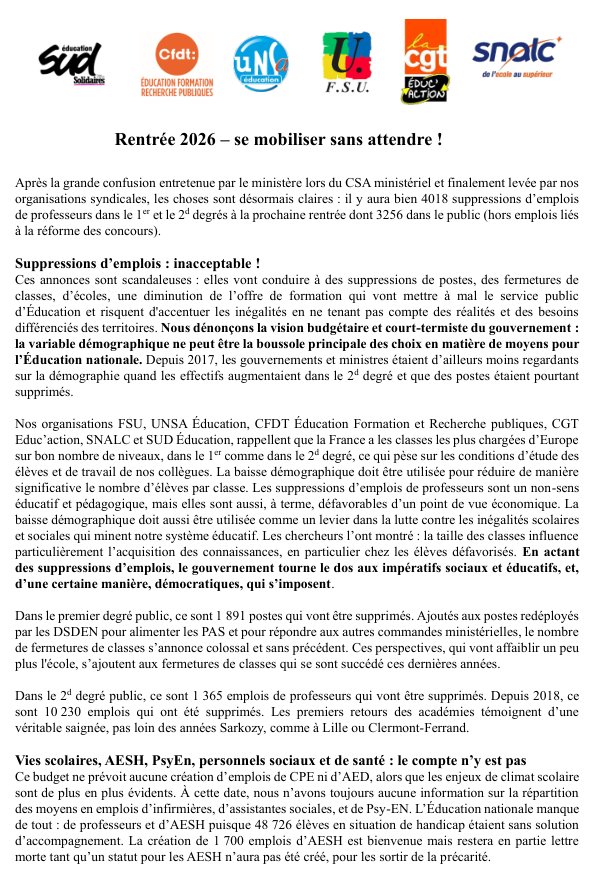 Intersyndicale Suppression de poste