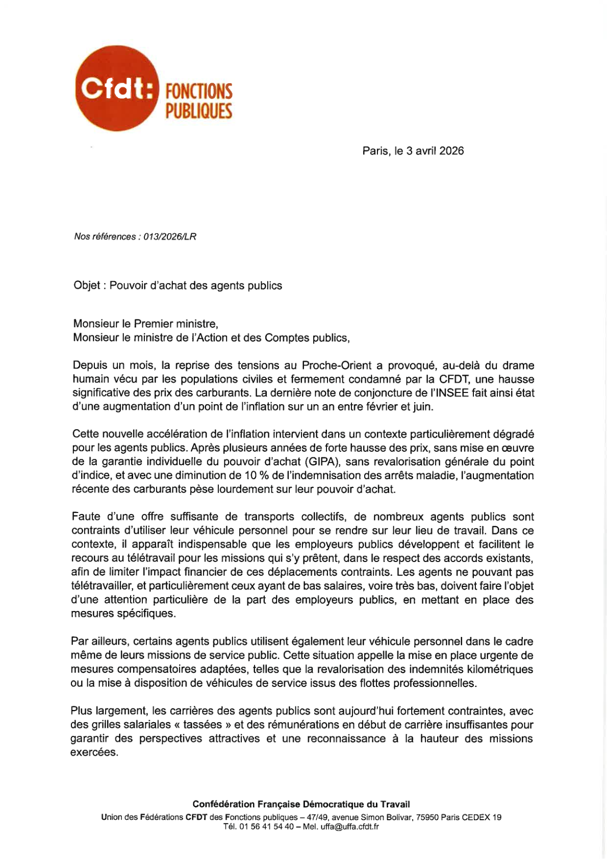 Lettre Uffa 3 avril 2026