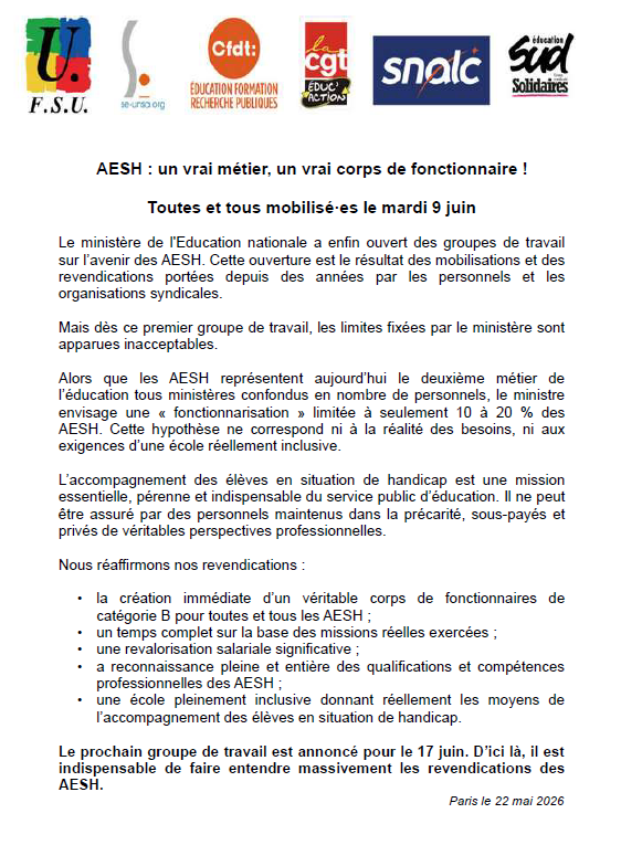 appel mobilisation & grève AESH 9 juin 2026
