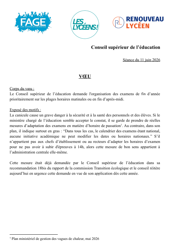 Voeu Fage, Les Lycéen⋅nes, Renouveau lycéen au CSE du 11 juin 2026