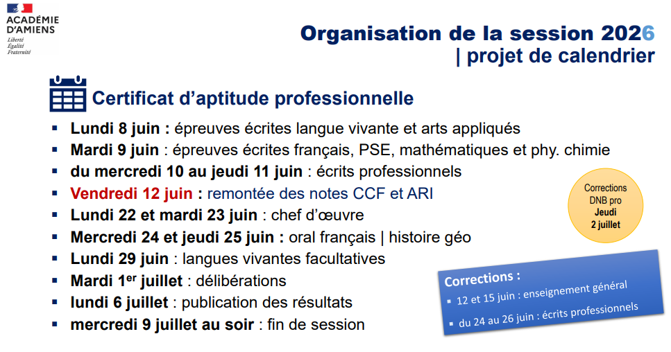 Calendrier 2026 CAP