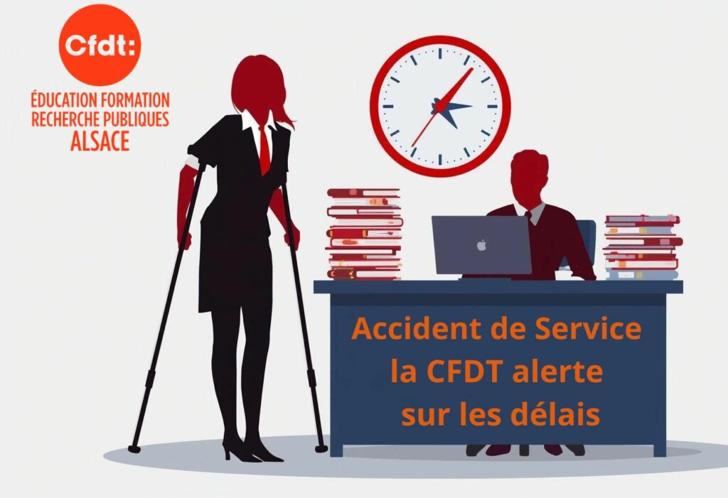Un agent avec un bandage, entouré de dossiers et d’une horloge, avec le texte “Accident de service : la CFDT alerte sur les délais”