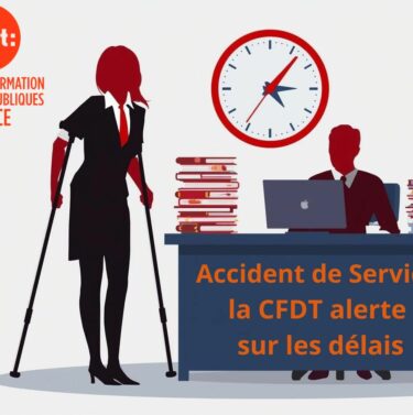 Un agent avec un bandage, entouré de dossiers et d’une horloge, avec le texte “Accident de service : la CFDT alerte sur les délais”