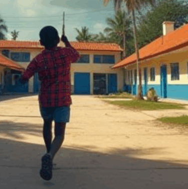 Un élève qui court de dos dans une cours d'école