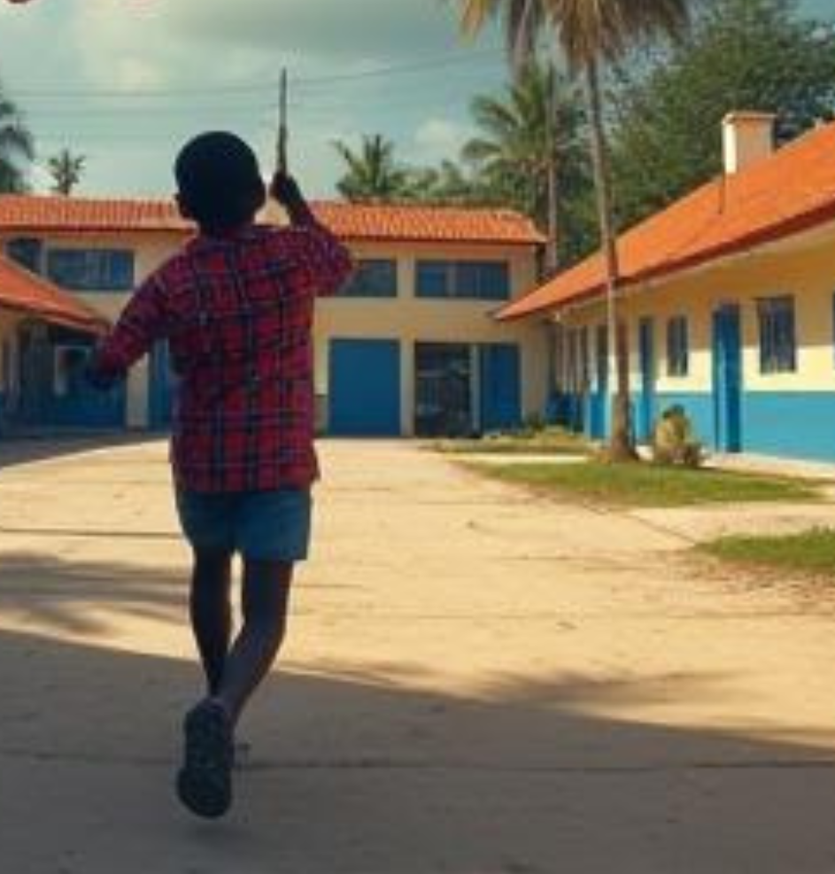 Un élève qui court de dos dans une cours d'école