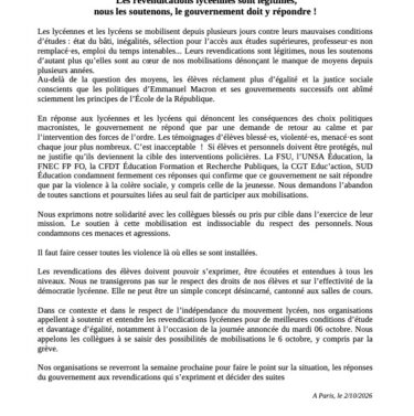 Texte de l'intersyndicale, soutien au lycée du 6 octobre 2026