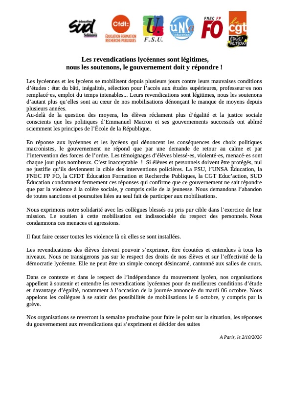 Texte de l'intersyndicale, soutien au lycée du 6 octobre 2026