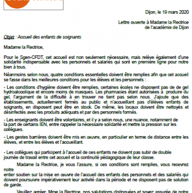 lettre ouverte à la rectrice : accueil des enfants de soignants